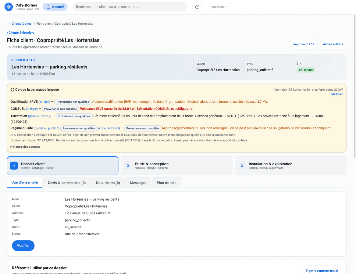 Demonstration customer record in the Caly-Bornes central application